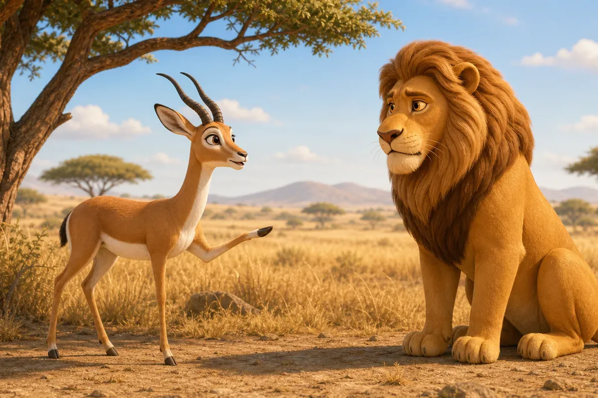 Eine Gazelle steht ruhig vor einem starken Loewen bei einem Akazienbaum in der Savanne