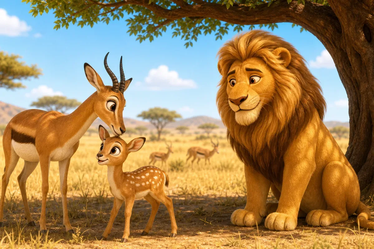 Ein ruhiger Loewe laesst die Gazelle zu ihrem Kitz zurueckkehren in einer sonnigen freundlichen Savannenszene