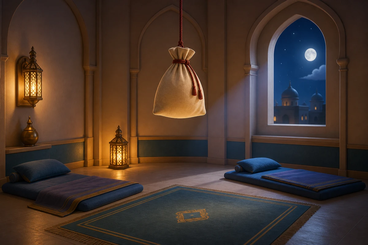 Ein kleiner Beutel haengt in einem stillen Palastzimmer neben sanftem Licht