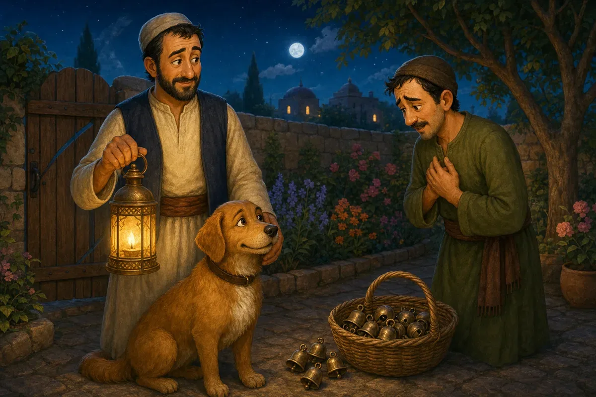Der Hausbesitzer haelt eine Laterne neben dem treuen Hund, waehrend der reuige Mann bei einem Korb mit Gloeckchen im Garten steht