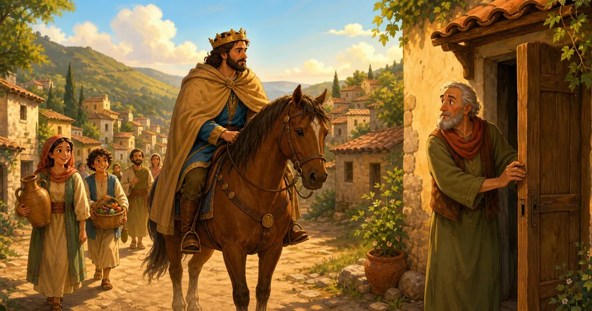 A traveling king arrives at a generous village while a stingy man stands by his closed door