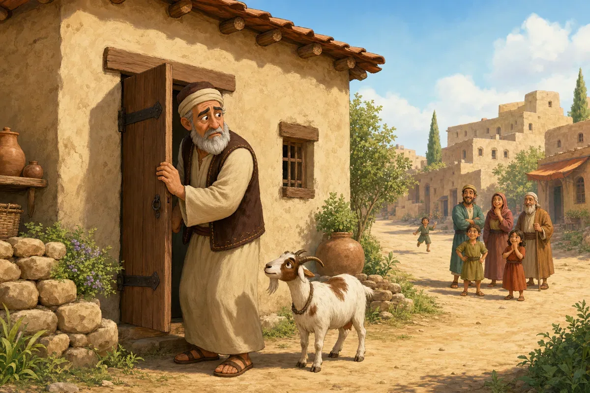 A stingy man stands at the back door of his small house while the generous villagers appear far down the road