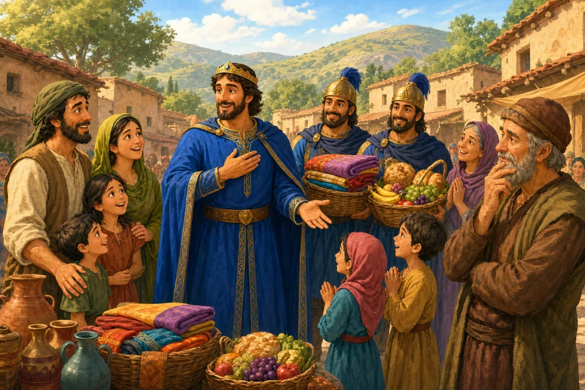 The king returns to the village with guards carrying gift baskets while the villagers gather joyfully