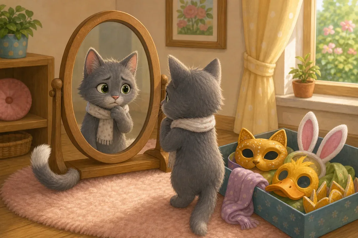 Loulou la chatte grise se tient devant un miroir dans une chambre chaleureuse pres d'une boite de masques d'animaux et de tissus colores, avec un air hesitant
