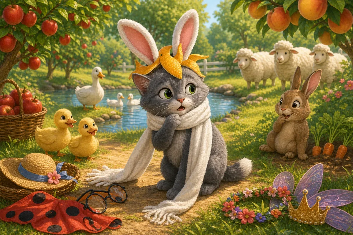 Loulou la chatte se tient dans un verger ensoleille avec des oreilles de lapin, une echarpe blanche et une couronne de pelures de fruits pendant que des animaux amicaux la regardent avec curiosite
