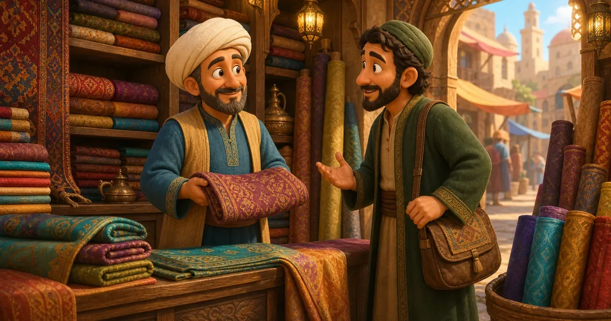 An honest merchant stands in a colorful fabric shop speaking with a stranger