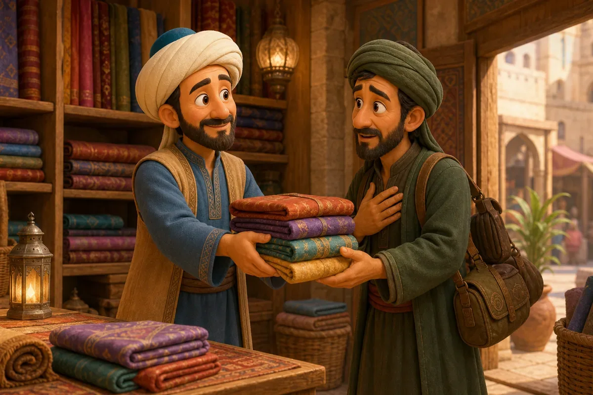 An honest merchant gives colorful fabric rolls to a stranger inside a warm shop