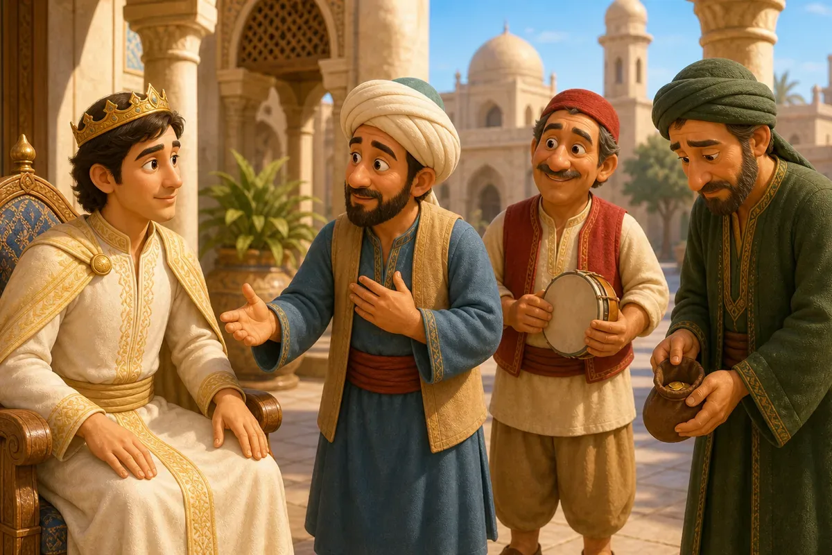 A fair prince listens to the honest merchant in a palace courtyard while drums stand nearby