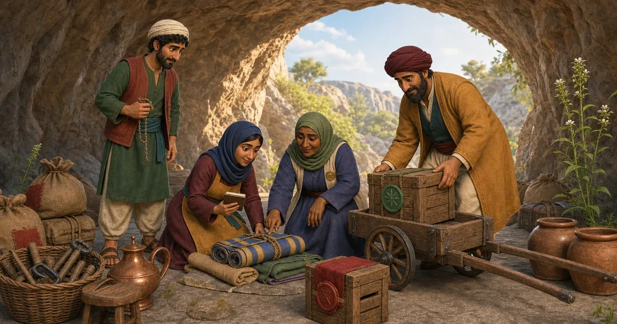 Ali Baba, Marjana et Huda examinent dans la grotte des quarante les biens disparus du marché