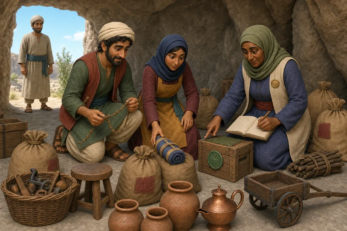 Ali Baba, Marjana et Huda relèvent les sceaux colorés des caisses et des tissus dans la grotte éclairée par le jour