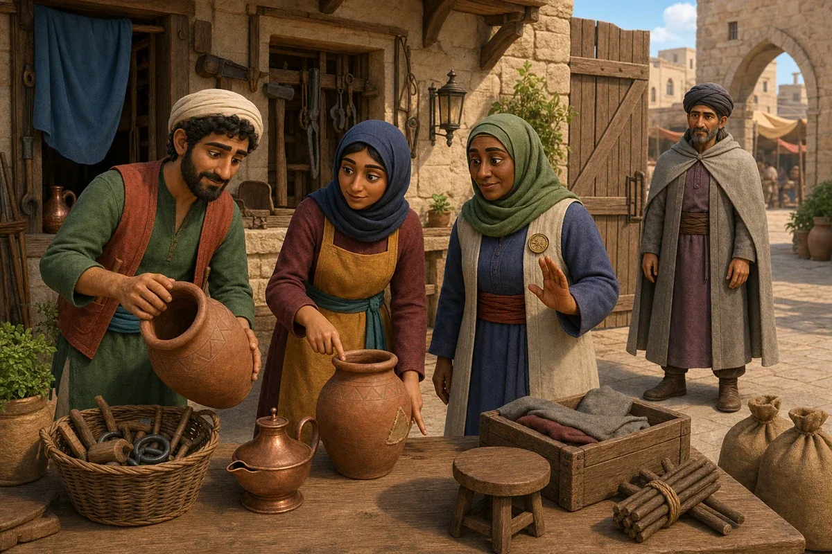 Marjana montre discrètement les jarres silencieuses et un sceau triangulaire effacé tandis qu'Ali Baba et Huda comprennent l'indice dans la cour