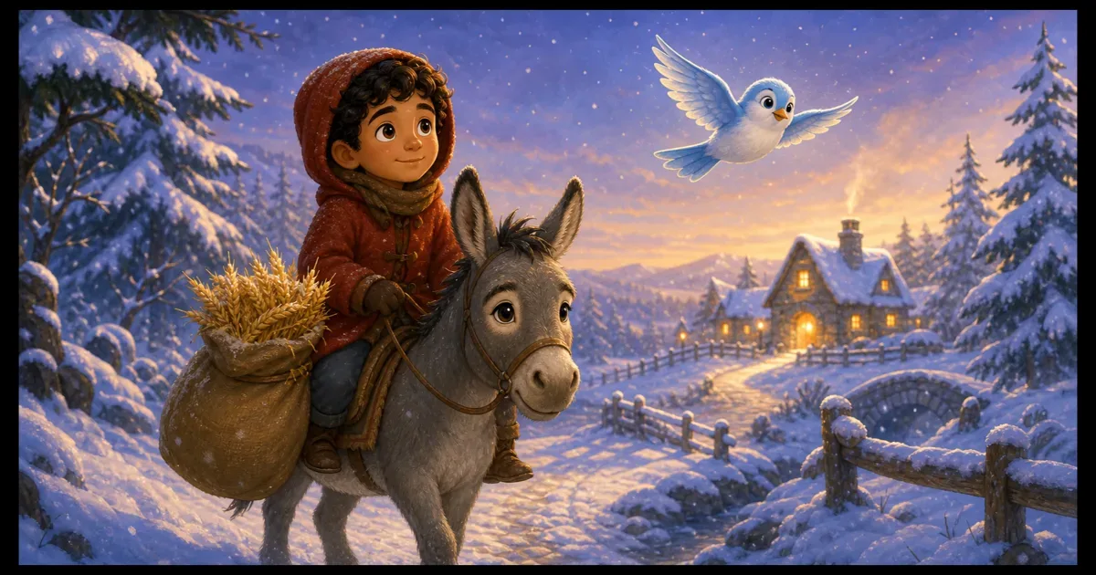 A white and blue snowbird guides a boy and an old donkey toward a warm cottage in the snow