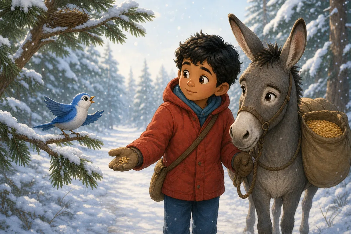 A small white and blue snowbird sits on a branch near a boy in a red coat and an old donkey carrying a wheat sack on a snowy path