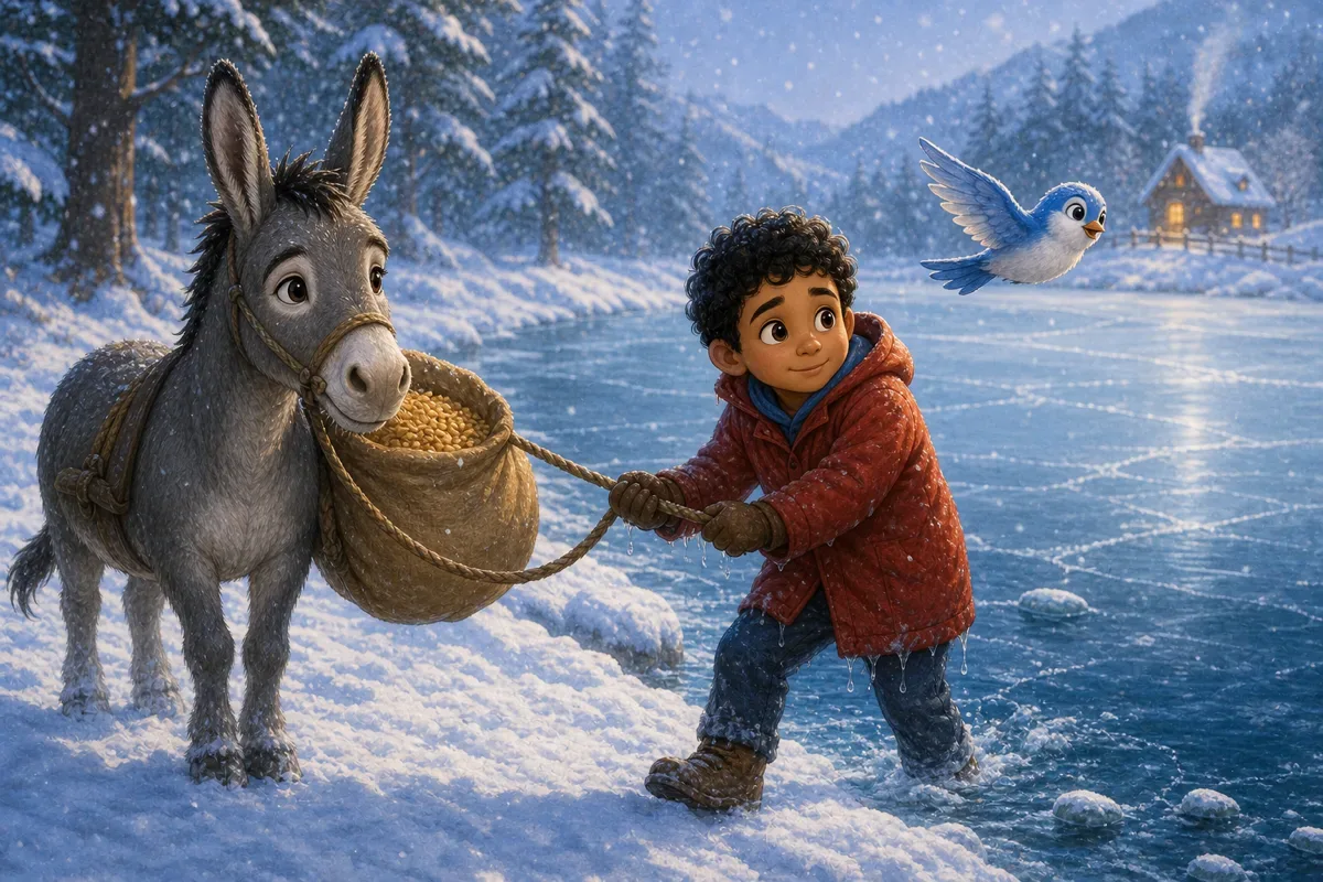 The snowbird guides the old donkey near a frozen lake while the donkey helps the boy move safely away from the cold water