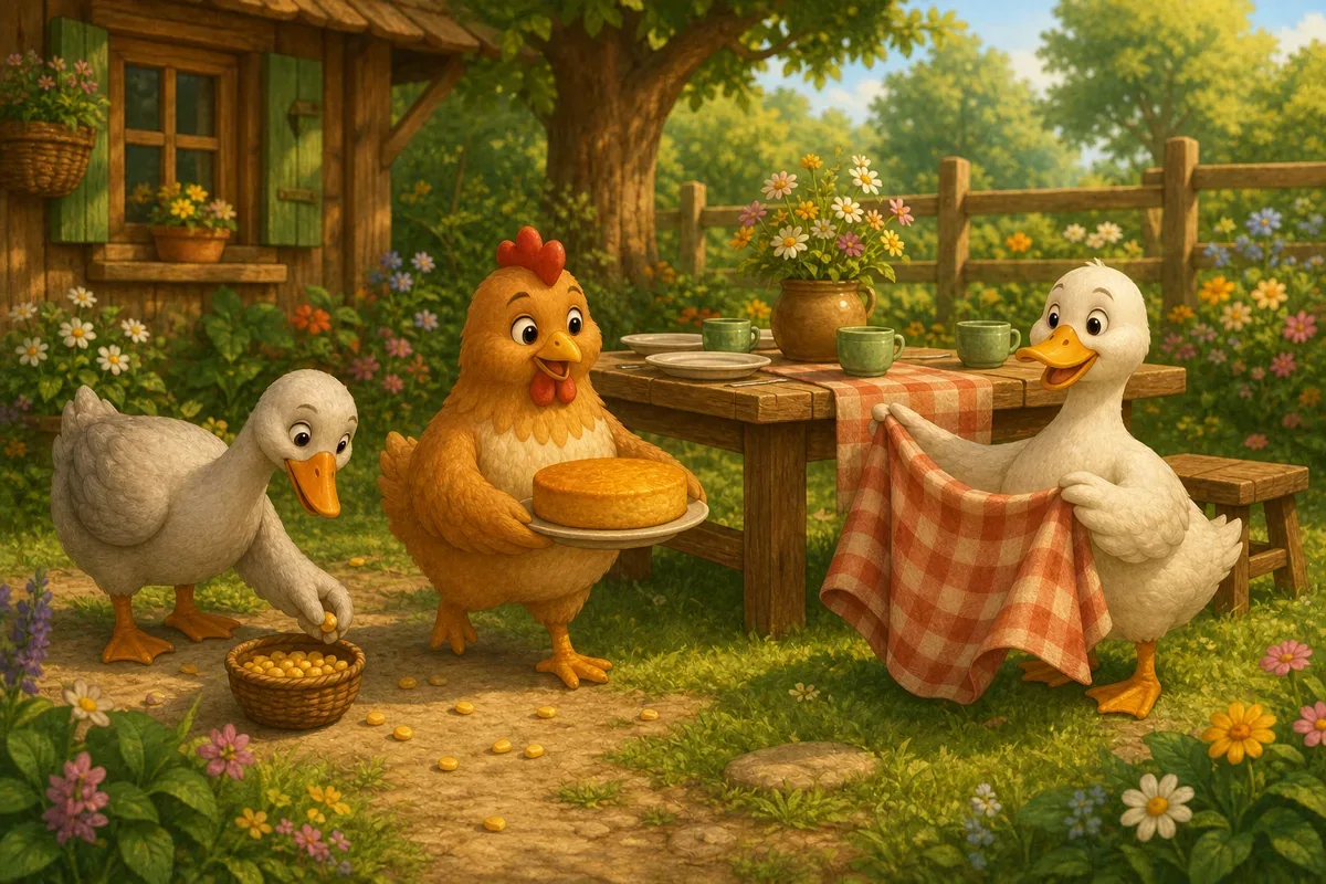 Lina la poule, Dodo le canard et Gigi l'oie preparent ensemble une table de gateau de mais dans un jardin de ferme lumineux