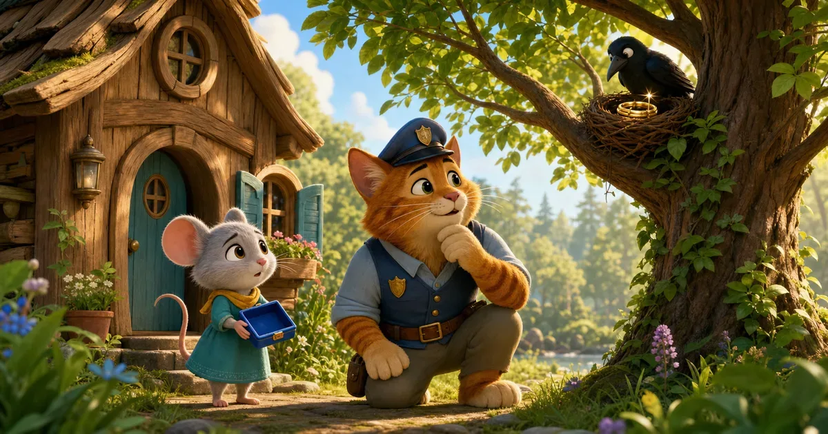 Farfura la petite souris se tient pres de sa maison avec un gentil agent chat qui cherche les bracelets perdus