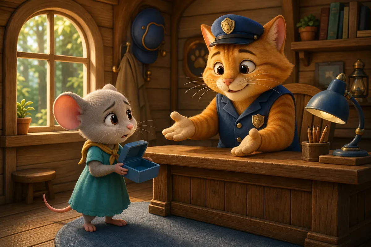 Farfura la petite souris se tient nerveusement dans le poste de police de la foret tandis qu'un gentil agent chat sourit derriere son bureau