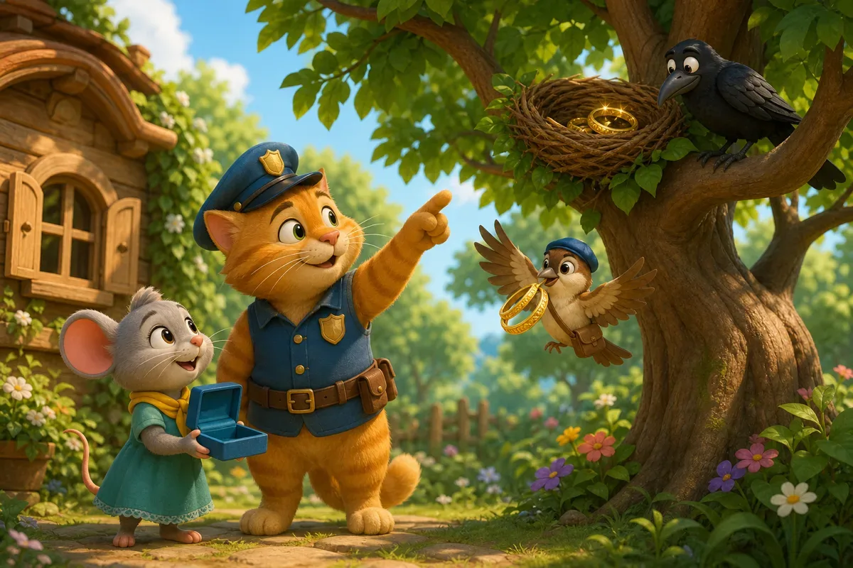 L'agent chat montre un nid de corbeau en haut d'un arbre tandis que Farfura apercoit ses bracelets dores qui brillent entre les branches