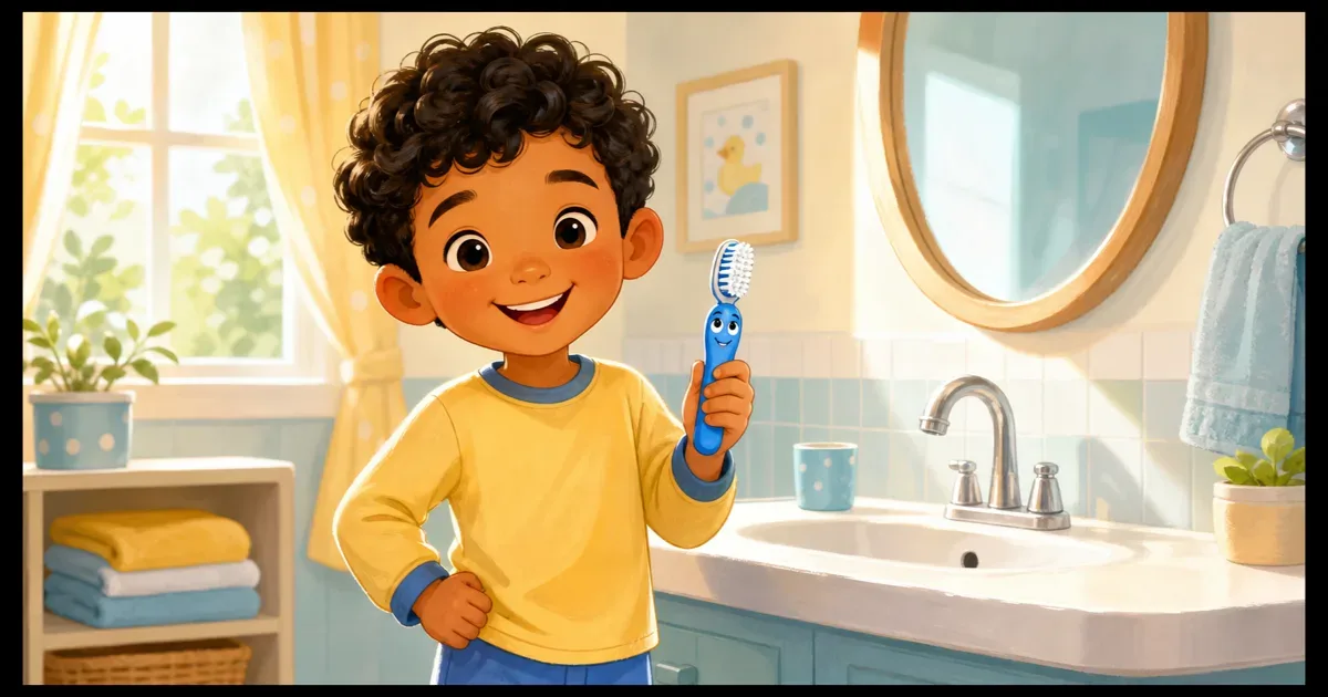 Leo stands by the bathroom sink holding a friendly blue toothbrush and begins his toothbrushing routine