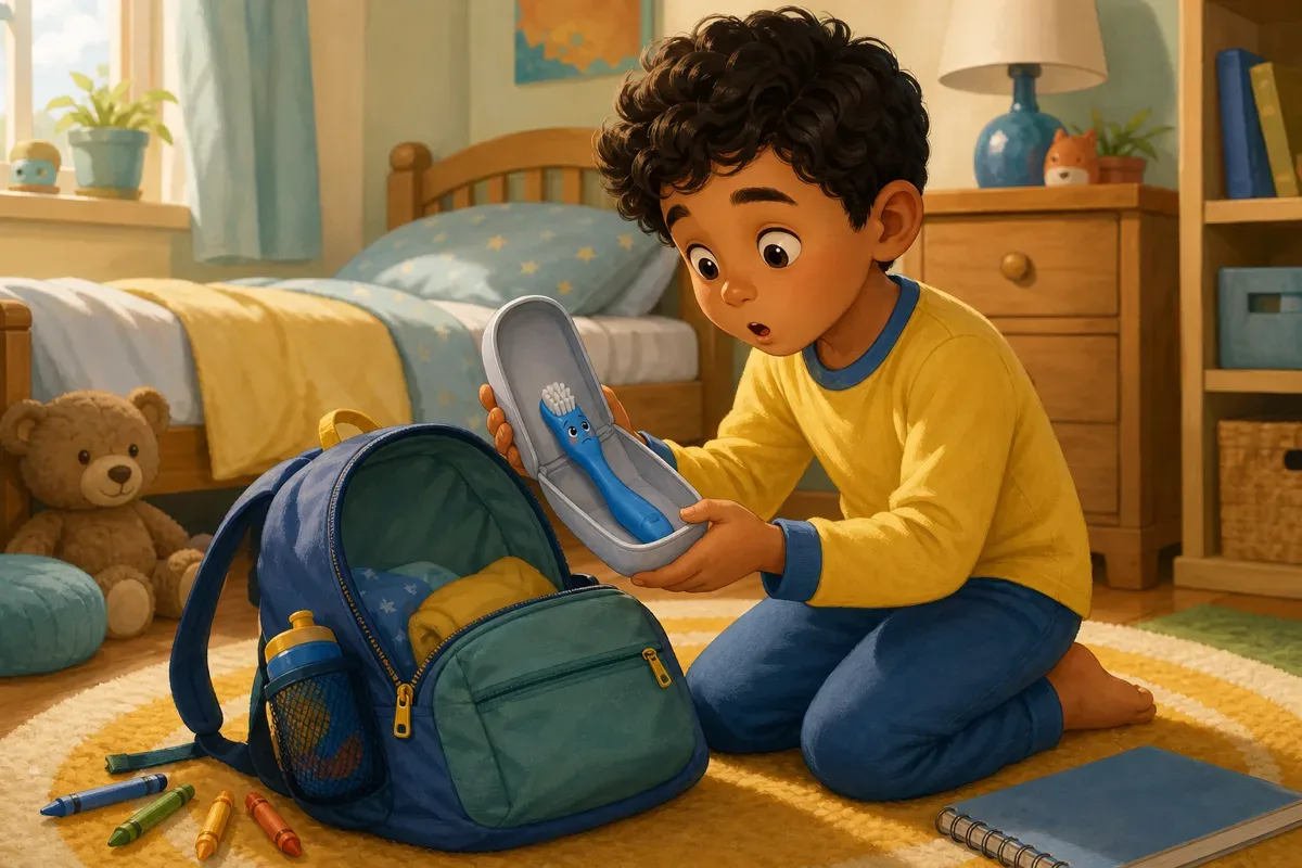 Leo opens his backpack in his bedroom and sees a small blue toothbrush inside a travel case beside a notebook and crayons
