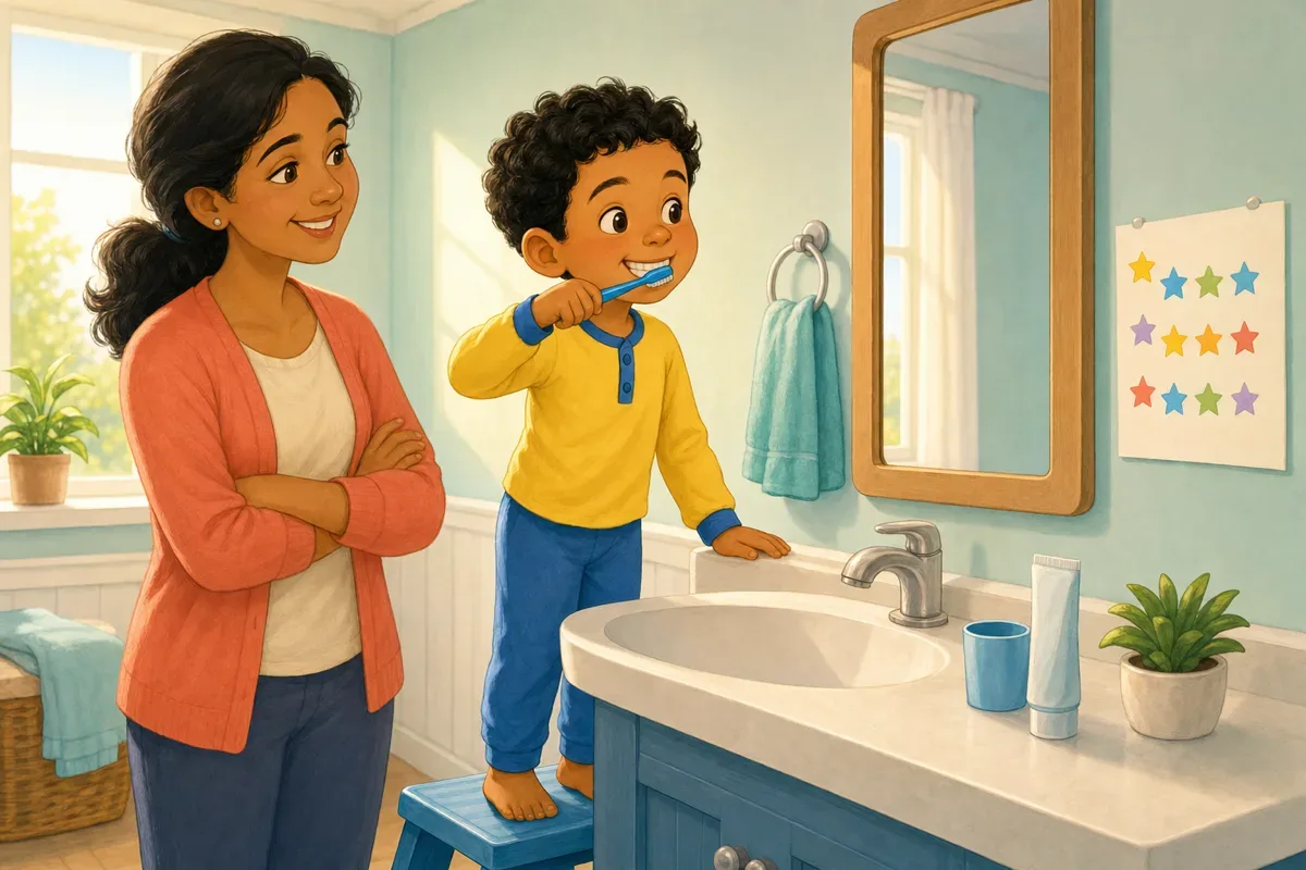 Leo stands at the bathroom sink in the morning brushing his teeth with a blue toothbrush while his mother smiles beside him