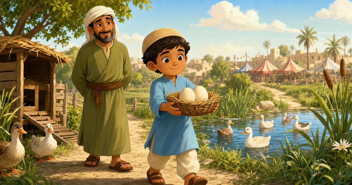 Hassan porte un panier rembourre avec deux gros oeufs de cane pendant que son pere se tient pres de la mare aux canards