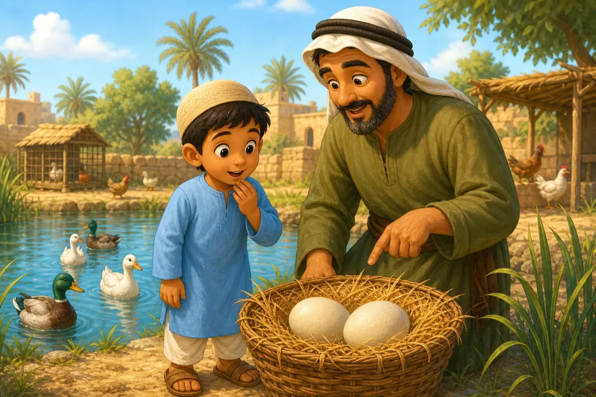 Hassan se tient avec son pere pres de la mare aux canards de la ferme devant deux gros oeufs poses dans un panier rembourre de paille
