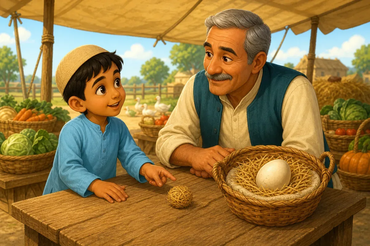 Hassan explique calmement au directeur de la foire avec une petite boule de paille pendant que le gros oeuf reste en securite dans le panier rembourre