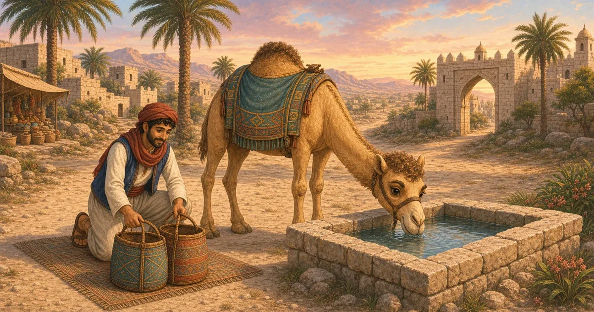 حسن الجمل يشرب بهدوء من حوض حجري في قرية نخيل بينما يريحه أمير من الأمتعة عند الغروب