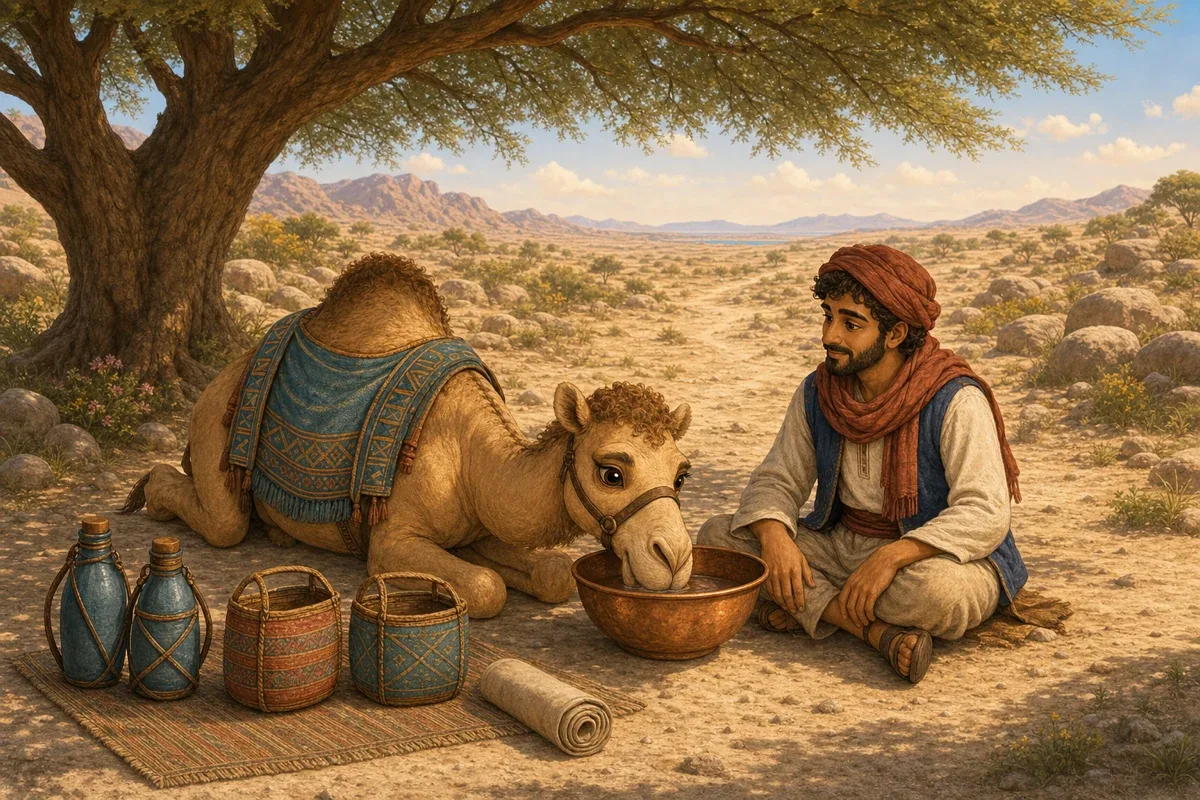 حسن الجمل يشرب من وعاء واسع تحت شجرة سنط بينما يجلس أمير بجواره وقد أنزل الأكياس ورتب قوارير الماء في الظل