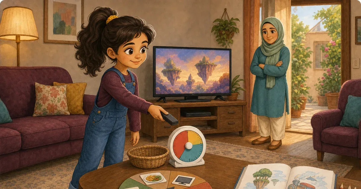 Jana smiles as she turns off the television when time is up beside a timer and picture cards for a balanced day