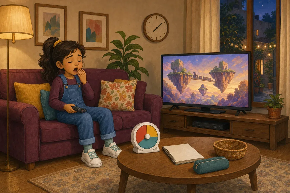 Jana watches television late in the evening after losing track of time while her closed notebook and unused timer wait on the table