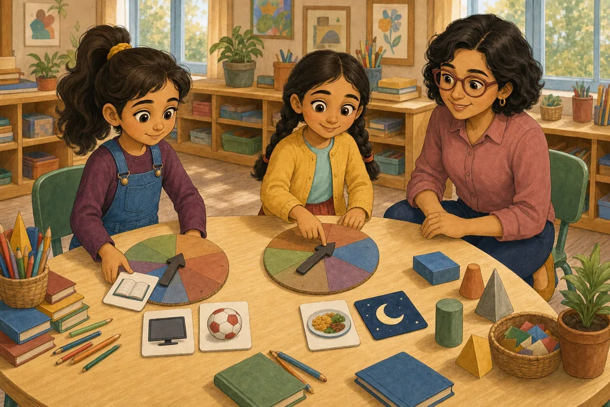 Jana and Salma arrange book, television, ball, and moon cards around a picture-based day wheel with Ms. Amal's help