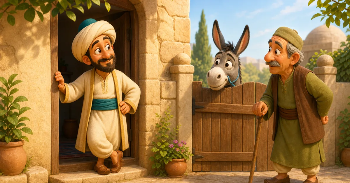 جحا يقف عند باب بيته بينما يظهر حماره اللطيف خلف البوابة