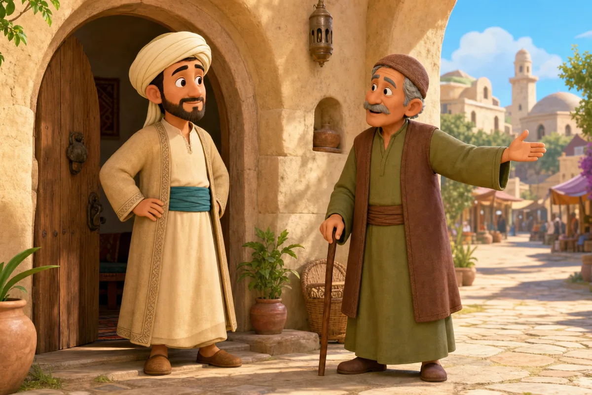 جار كبير السن يقف عند باب جحا ويطلب استعارة الحمار بينما ينصت جحا بهدوء