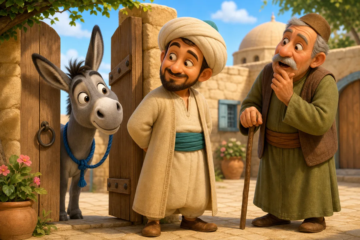 الحمار الرمادي اللطيف يطل من خلف بوابة خشبية بينما يبتسم جحا ويندهش الجار