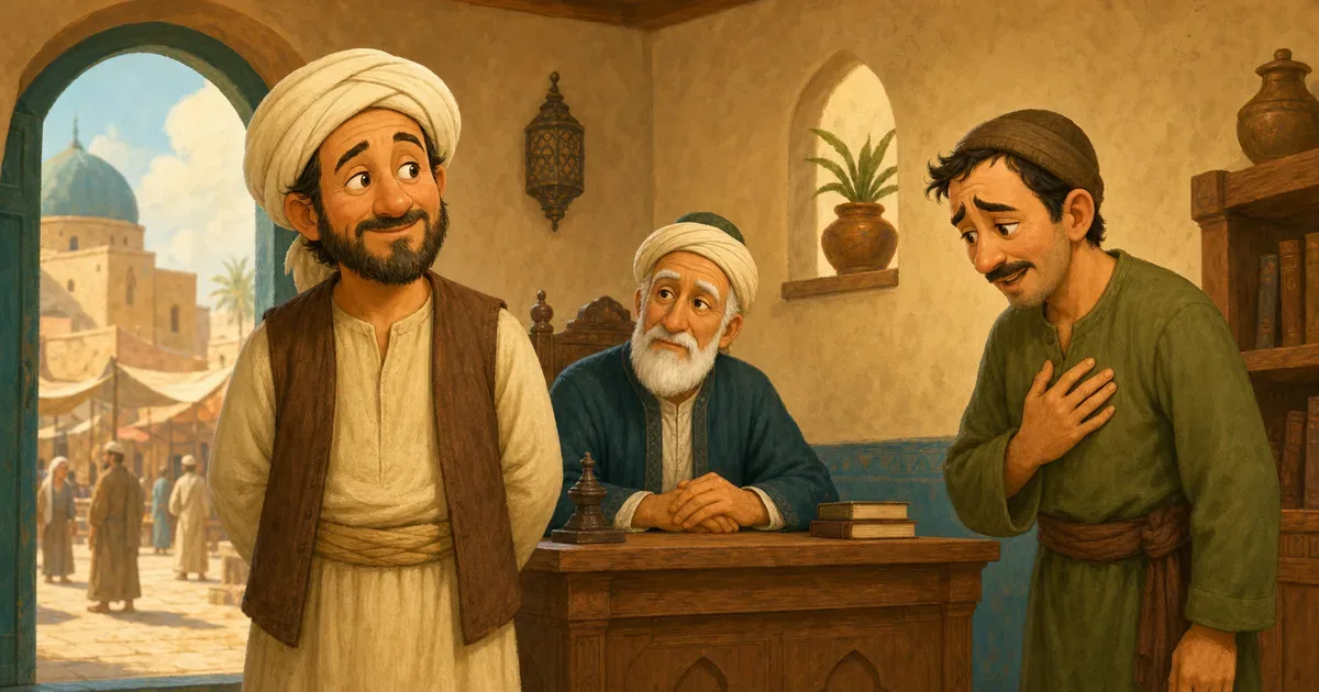 جحا يقف بهدوء أمام قاض في مجلس بسيط بينما يقف رجل معتذر إلى جانبه