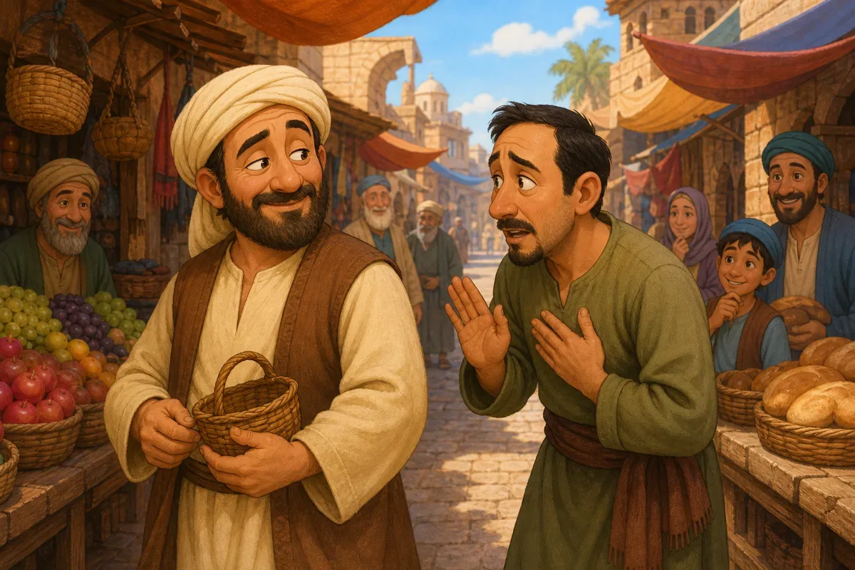 جحا في سوق قديم يحمل سلة صغيرة بينما يعتذر رجل مرتبك بعد أن صدم كتفه بلا قصد