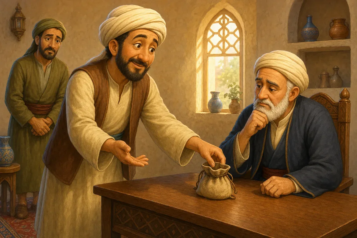جحا يقف في مجلس قضاء بسيط ويضع كيسا صغيرا فارغا على الطاولة بينما يفكر القاضي بخجل
