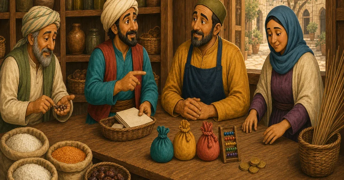جحا والبقال سالم يرتبان خطة سداد باستخدام ثلاث حافظات ملونة وعداد خشبي داخل البقالة