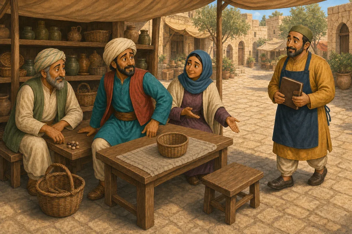 جحا يجلس مترددًا قرب ساحة السوق بينما يقترب البقال سالم بدفتره ويشجعه حامد ومريم على الحديث بدل الهروب