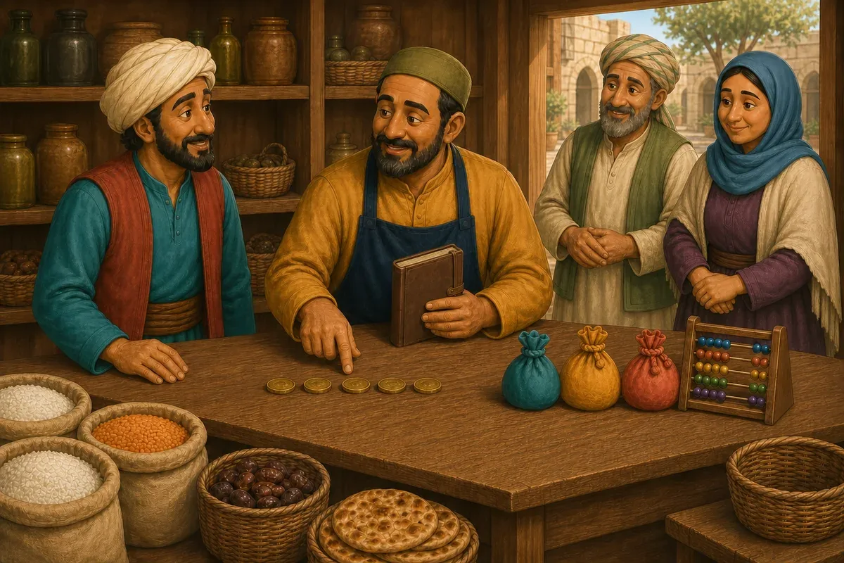 جحا يسلم سالم آخر خمس قطع نقدية داخل البقالة بينما تظهر الحافظات الثلاث والعداد الخشبي ودفتر الحساب المنظم