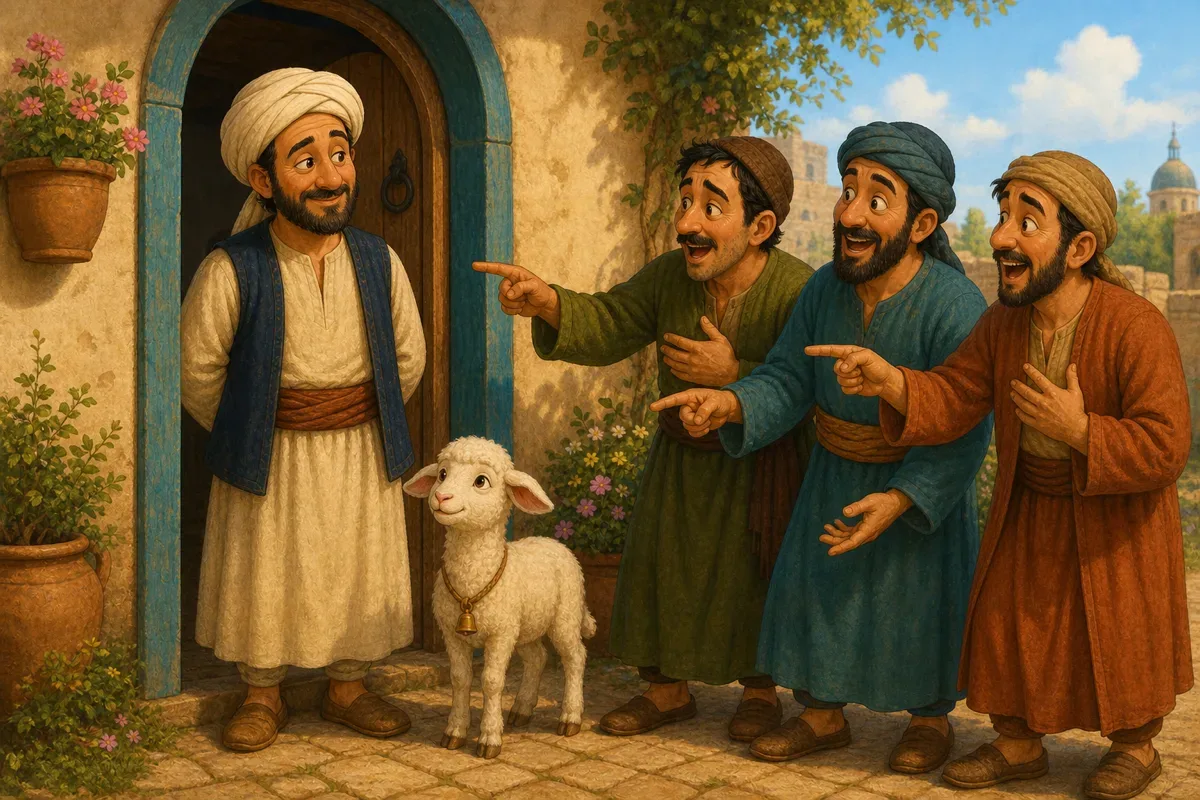 أصدقاء جحا يقفون عند باب بيته ويشيرون إلى الخروف الصغير بينما ينصت جحا بابتسامة هادئة