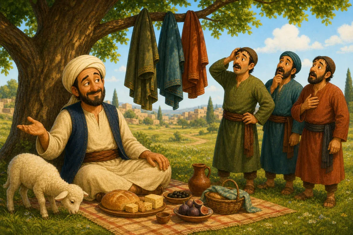 جحا يجلس في نزهة تحت شجرة بجانب خروفه الصغير بينما عباءات الأصدقاء معلقة بأمان على غصن عال