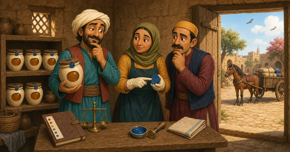 Juha, merchant Nabil, and beekeeper Amina inspect honey jars with blue wax seals in the storeroom