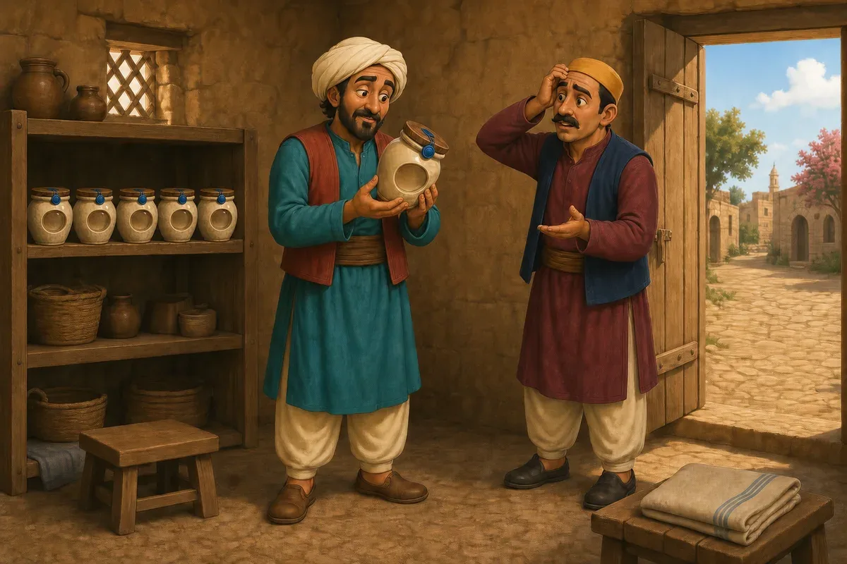 Juha lifts a surprisingly light honey jar while Nabil stands uncertainly beside the spotless jars and their blue wax seals