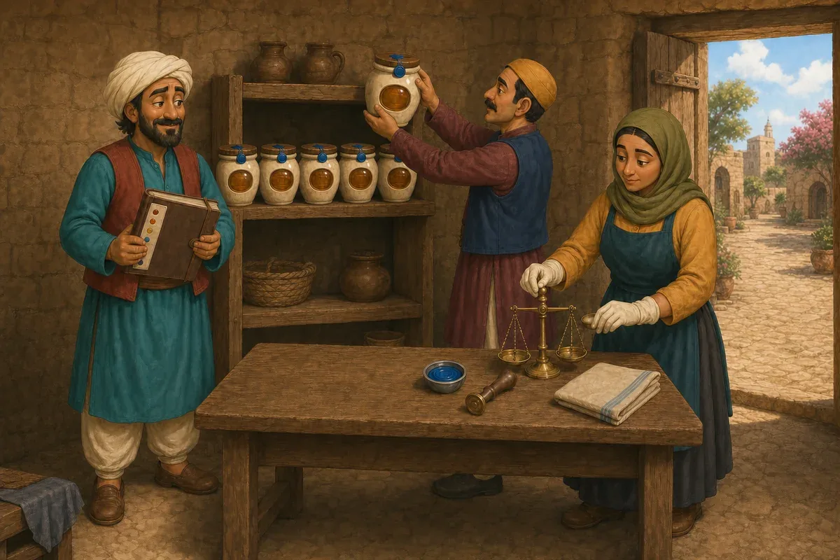 Nabil places the final full honey jar on the shelf while Juha and Amina calmly check all six jars, the ledger, and the small scale