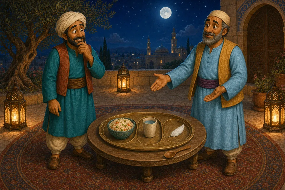 Juha stands in a moonlit dream courtyard while the friendly Keeper of the Three Places presents a brass tray with food, water, and a feather for comfort