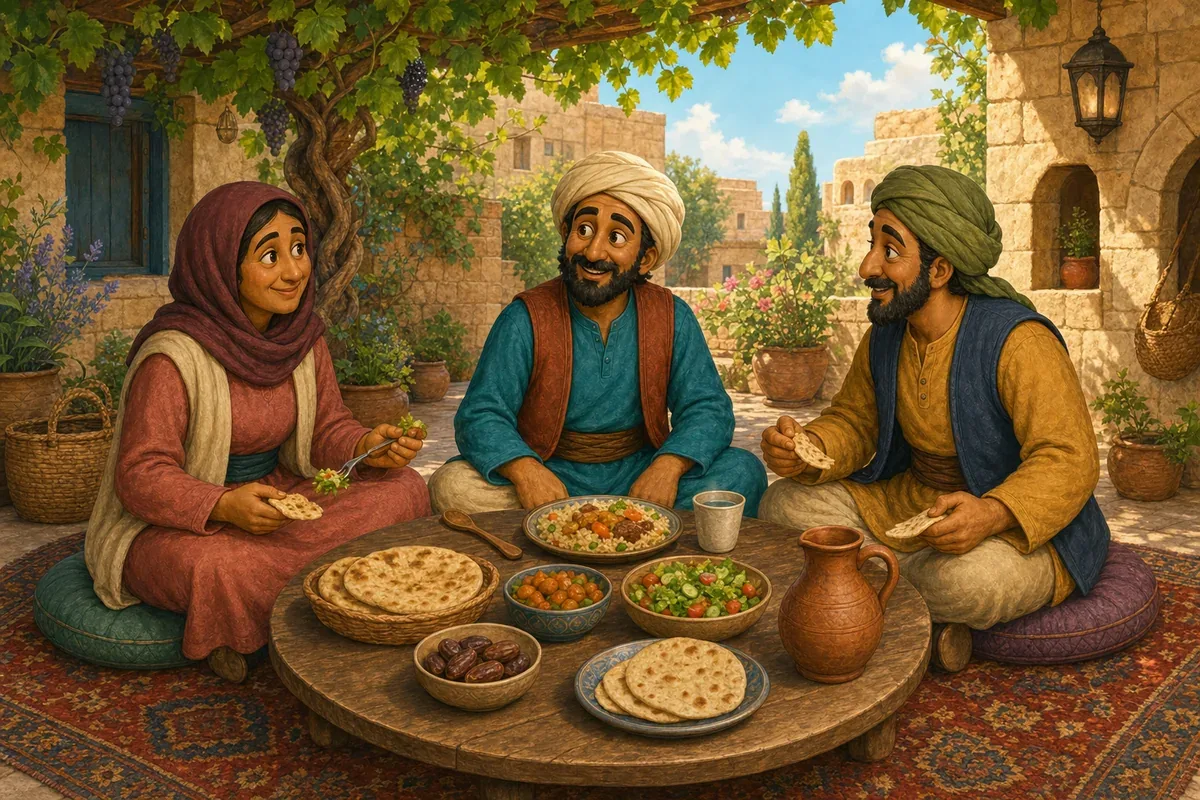Juha, Umm al-Ward, and Nabil enjoy a cheerful unhurried meal as Juha rests his spoon and notices how he feels