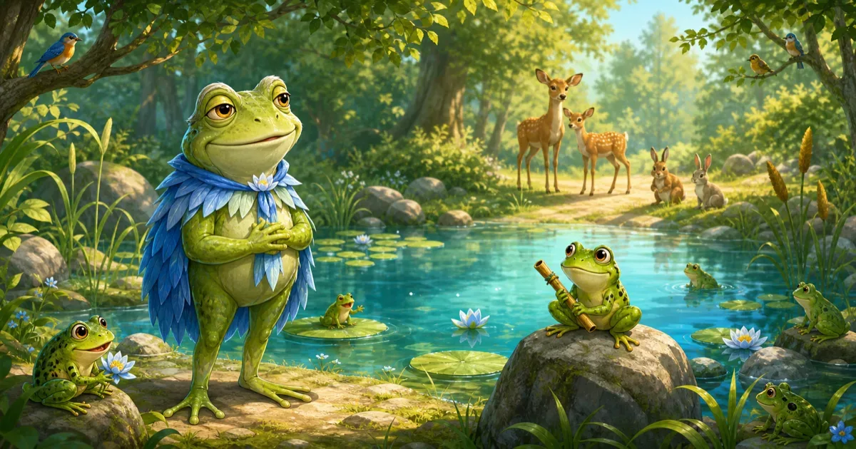 Des grenouilles vertes se rassemblent autour d'un lac clair pendant qu'une petite equipe surveille depuis un rocher